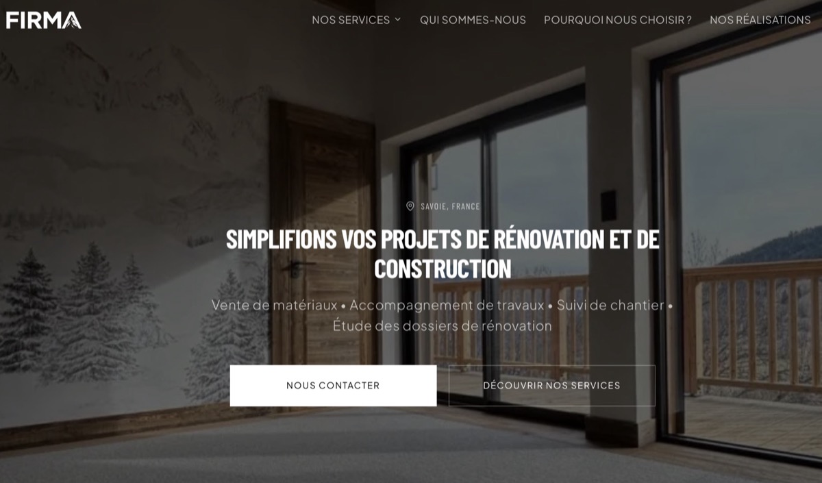 Aperçu du site agencefirma.fr. Site vitrine avec prise de contact simple, pour une agence qui venait de se lancer en Savoie. En ligne en moins d'une semaine. Site réalisé par Valenor.