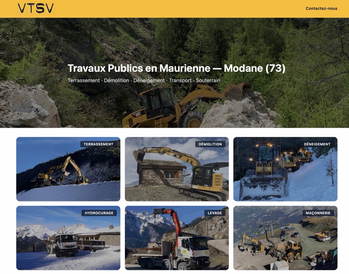 Aperçu du site vtsv.fr. Site vitrine d'une entreprise de travaux publics en Maurienne: les métiers, les chantiers, le contact. Site réalisé par Valenor.